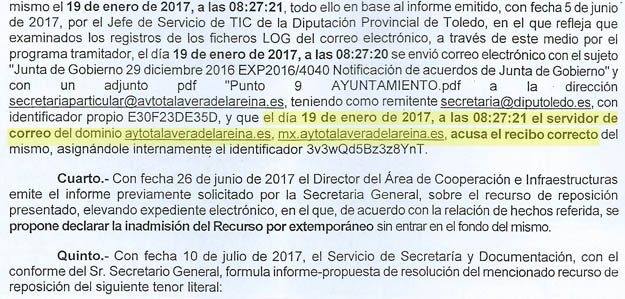 El informe del Jefe de Servicio de TIC en la Diputación indica que el Ayuntamiento de Talavera tuvo conocimiento de la pérdida de derecho a cobro de los 314.000 euros el 19 de enero de 2017 y no el 6 de febrero como asegura la portavoz del Ejecutivo local María Rodríguez