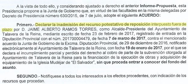 informe de la Diputación de Toledo inadmitiendo el recurso del Ayuntamiento de Talavera por reclamación de cantidad de los convenios de petrimonio llegar fuera de plazo